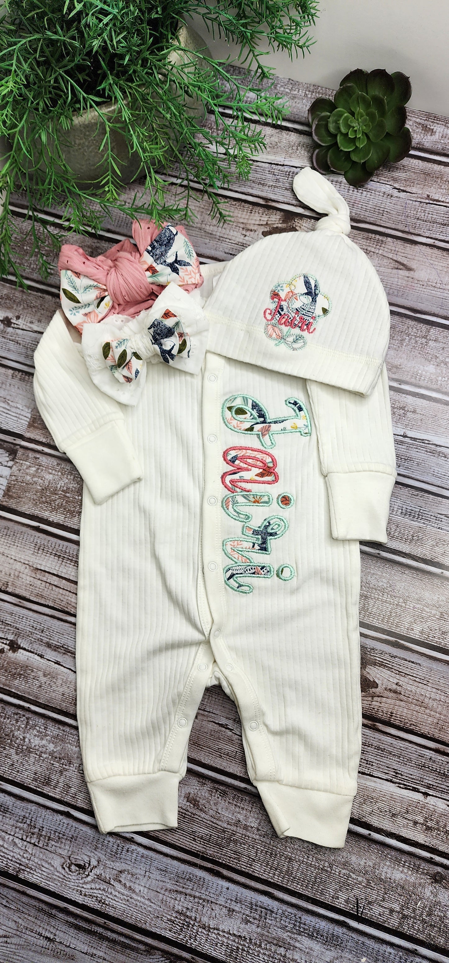 Customized embroidered baby romper, hat, blanket