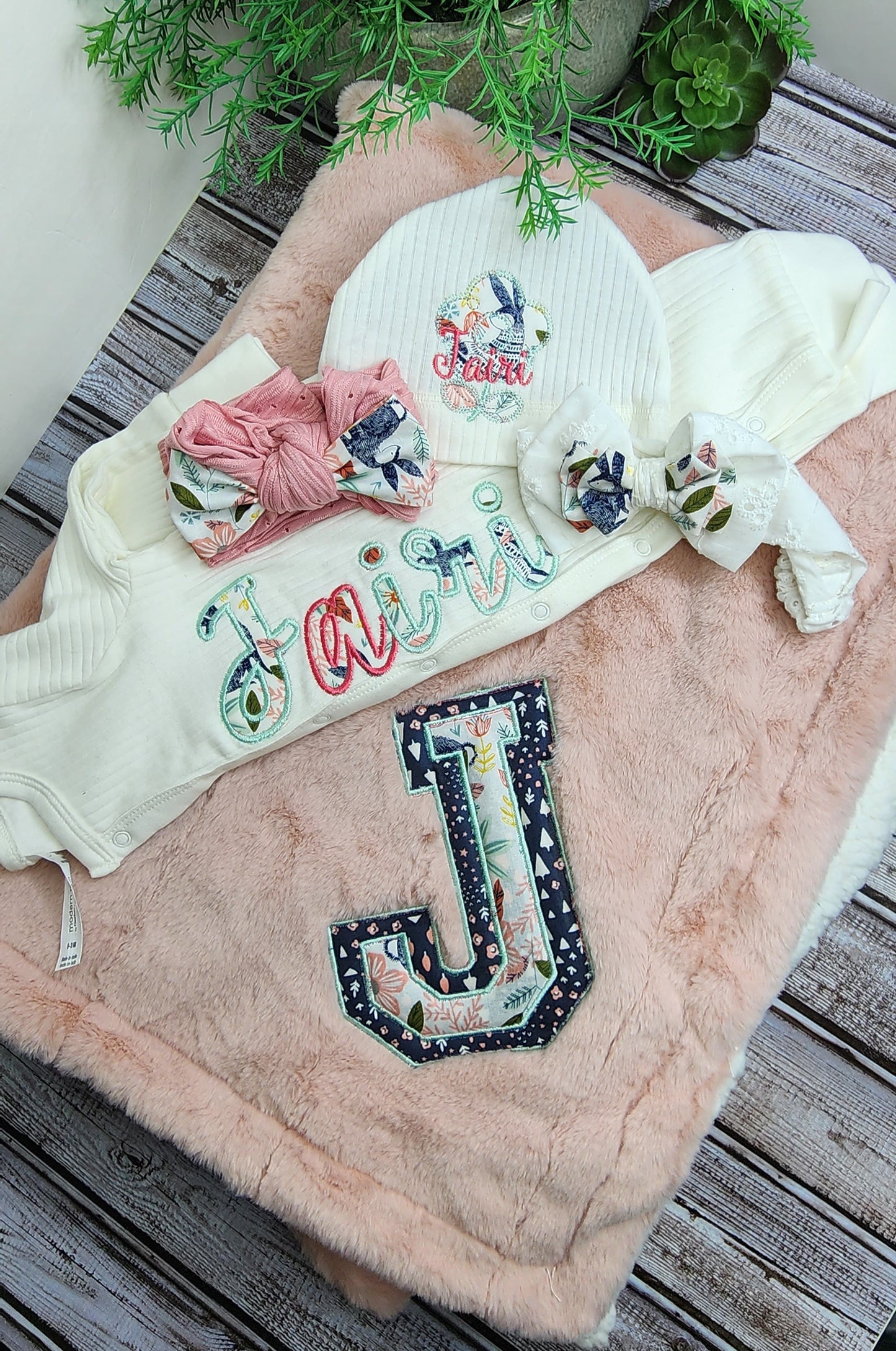 Customized embroidered baby romper, hat, blanket